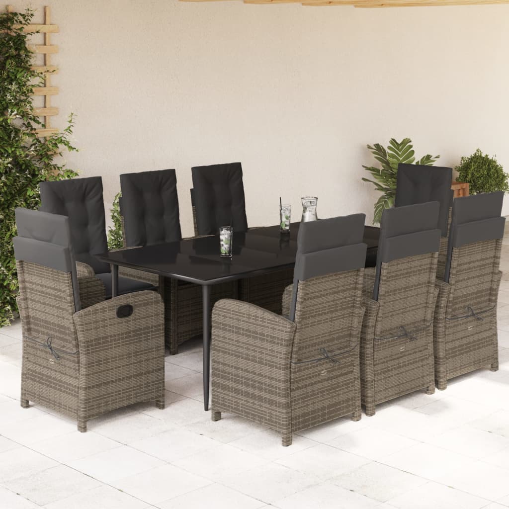 9-tlg. Garten-Essgruppe mit Kissen Grau Poly Rattan